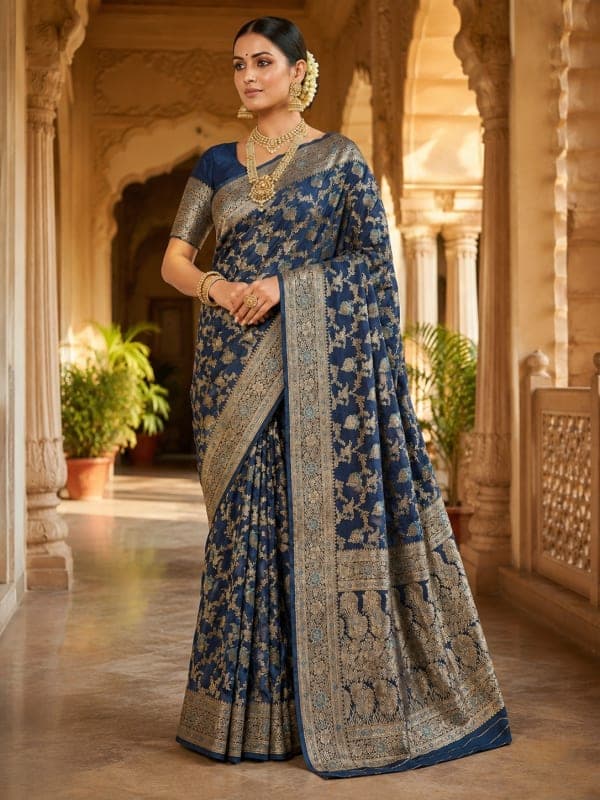Blue Lichi Silk Saree - Detail View