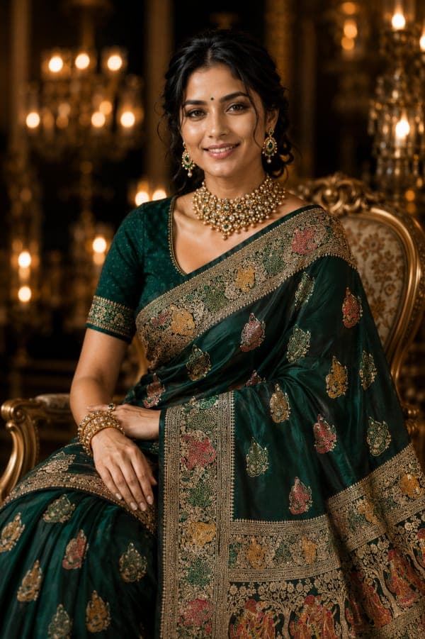 Bottle Green Vrindavan Raas Leela Silk Saree - Elegant Pallu with Tree of Life
