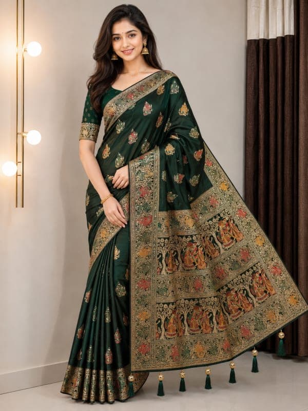 Vrindavan Gopi Raas Leela Silk Saree Pallu Detailing in Gold Zari and Meenakari