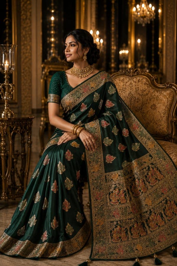 Close-up of Broad Gold Zari Border on Bottle Green Silk Saree