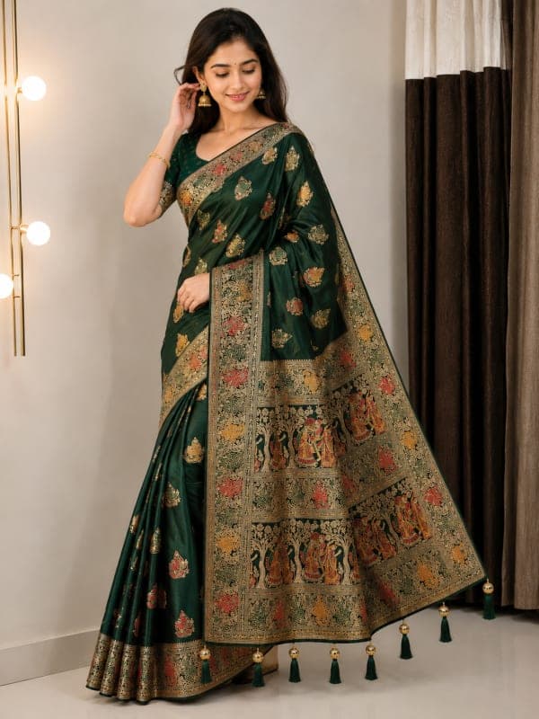 Gold Zari Butis Pattern on Bottle Green Silk Saree Fabric